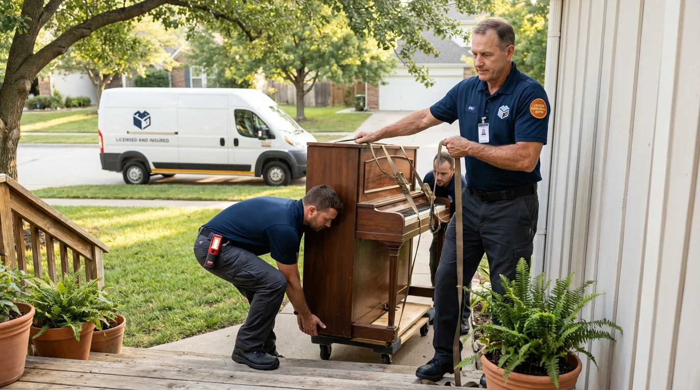 Licensed piano movers securing grand piano in Auburn, KS