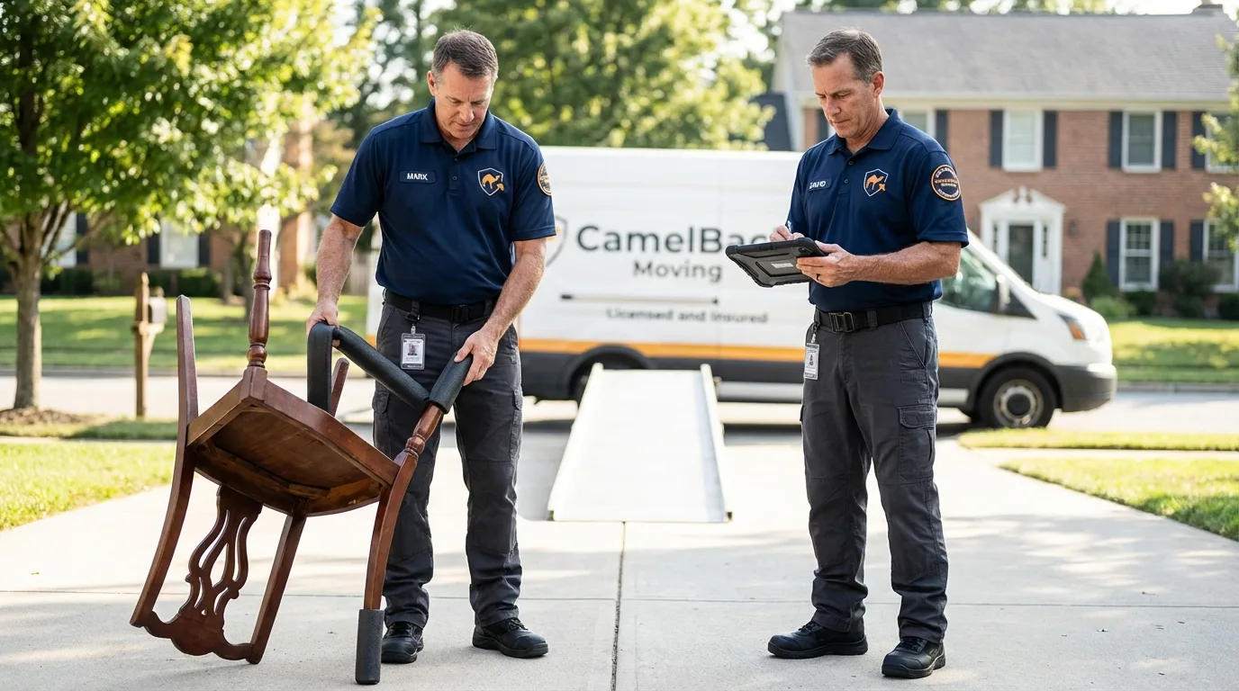 Movers inspecting furniture for damage prevention before loading in Auburn, KS