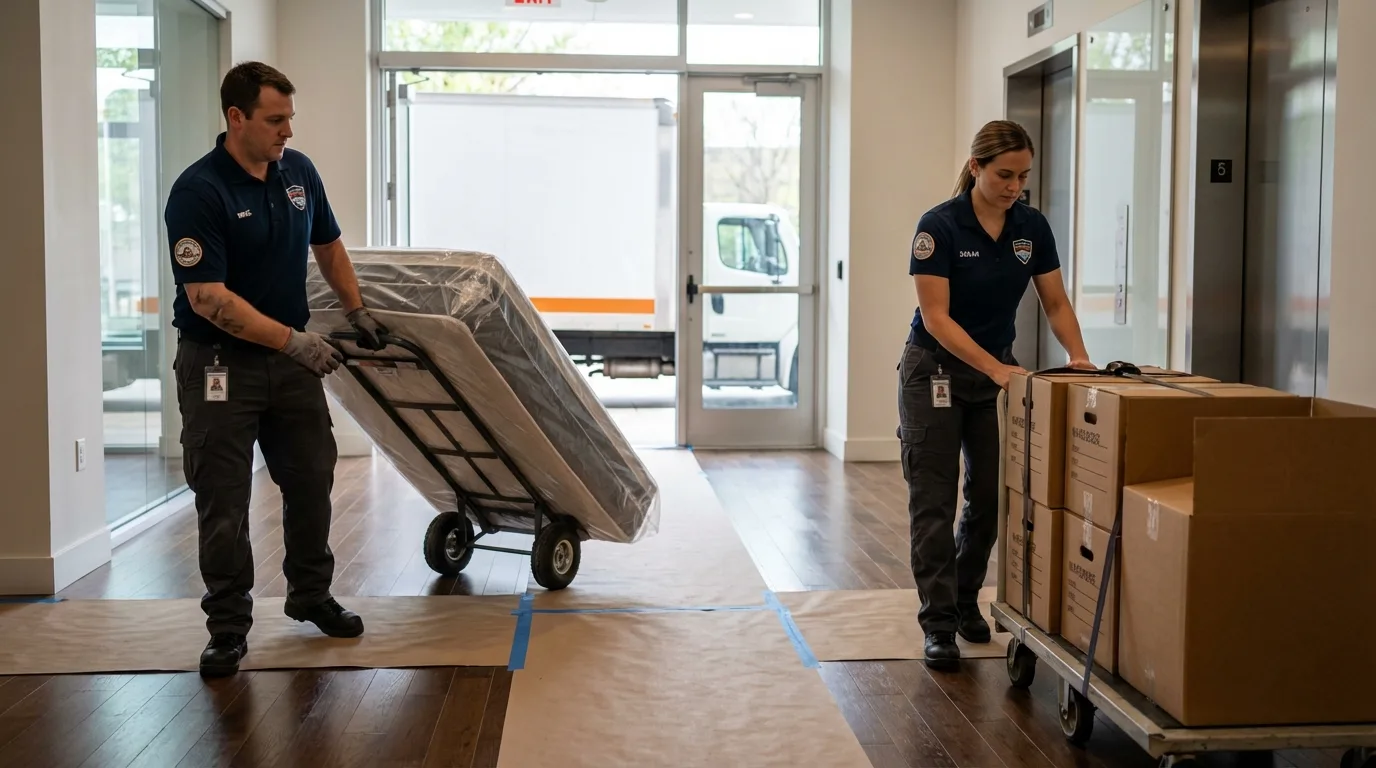 Professional apartment movers loading elevator in Auburn, KS